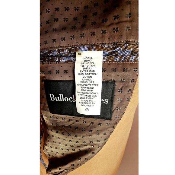 Bullock & Jones 100% Cotton Classic Tan Blazer Suit Jacket Model BOND, Sz 42L - Picture 7 of 9